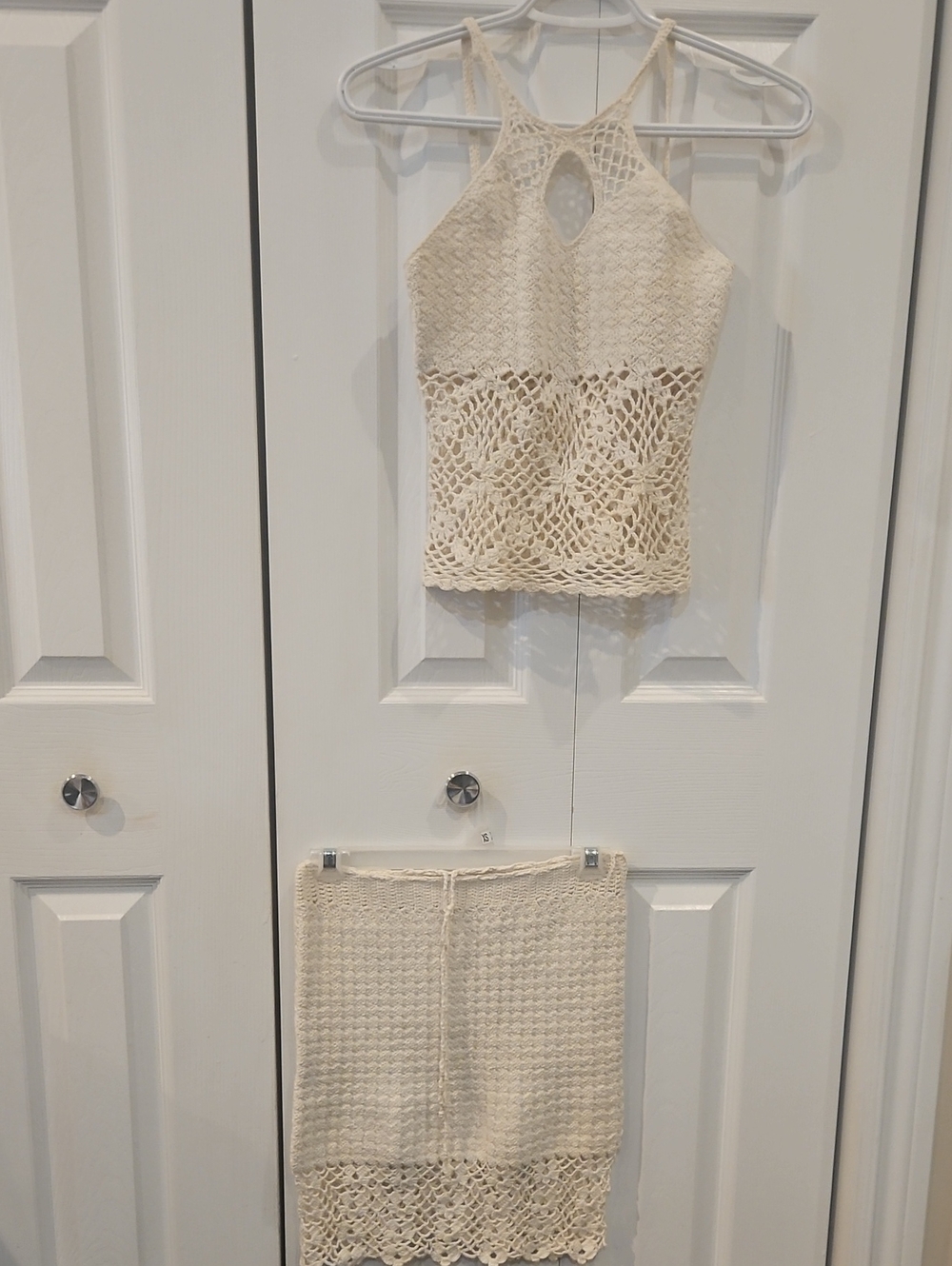 Cuban Handmade Cream Crochet Halter Top and Mini Skirt Set - Brand